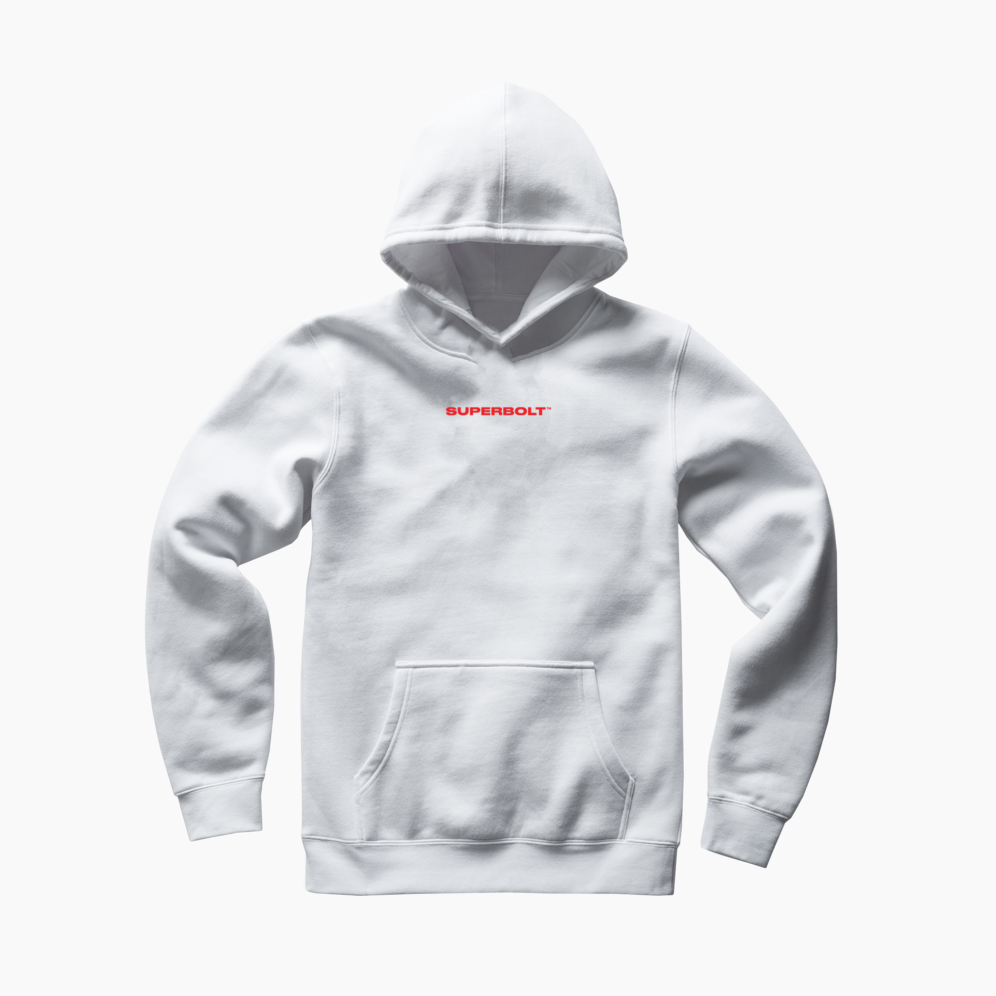 White hoodie with 'Superbolt' logotype on a white background